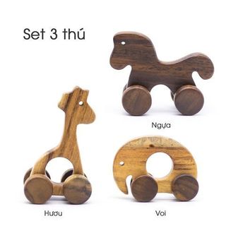Set Đồ Chơi Xe Gỗ Và Thú Gỗ, Bánh Xe Di Chuyển, 100% Gỗ Tự Nhiên - Đồ Chơi Gỗ Chàng Trai Gỗ