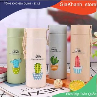 Bình nước in hình xương rồng 400ml lõi thủy tinh bọc vỏ nhựa lúa mạch có dây xách (GIAO MẪU NGẪU NHIÊN) từ DTM Store