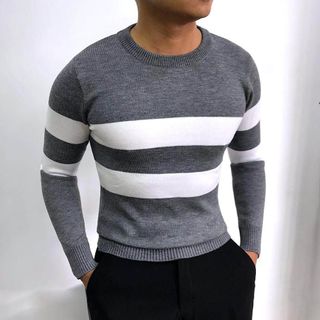Buôn sỉ áo len nam cổ tròn, họa tiết kẻ Hàn Quốc, len dệt kim dày dặn tronke2v - Hà Đinh