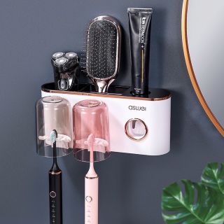 Kệ nhả kem đánh răng tự động Aswei và giá treo bàn chải kèm 2 cốc Hút