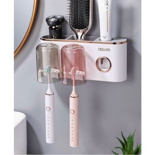 Kệ nhả kem đánh răng tự động Aswei và giá treo bàn chải kèm 2 cốc Hút
