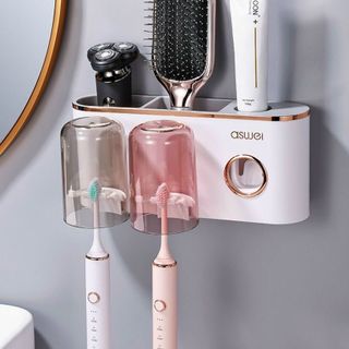 Kệ nhả kem đánh răng tự động Aswei và giá treo bàn chải kèm 2 cốc Hút