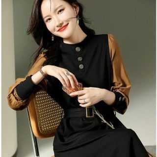 ĐẦM XÒE TAY DÀI PHỐI MÀU NÂU ĐEN - DT1689