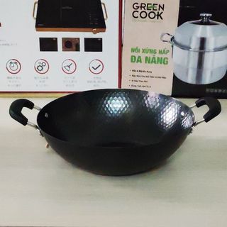 Chảo xào thép vân kim cương 34cm Greencook GCW02-34IH dùng được tất cả các bếp
