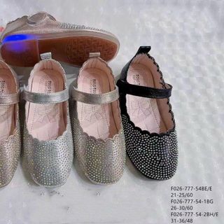 Giày búp bê trẻ em chất da mềm viền gợn sóng dính hạt lấp lánh F026
