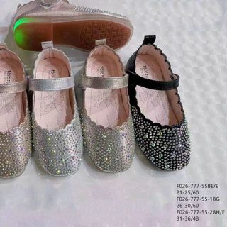 Giày búp bê trẻ em chất da mềm viền gợn sóng dính hạt lấp lánh F026