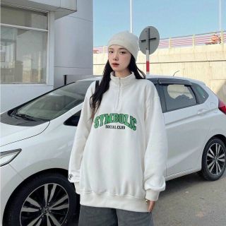 Áo hoodie Cổ chui logo in symbolic, dây kéo nửa cổ form dưới 68kg