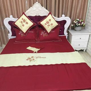 Bộ chăn ga gối phủ bèo satin 1.6m x 2m gồm 6 món
