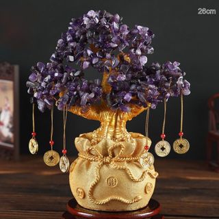 Cây Tài Lộc Đá Thạch Anh Kèm Xu 26cm ( vàng, tím, xanh)
