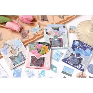 Túi 45 sticker stamp viền vàng Vintage,Hình dán trang trí sổ tay, hộp bút, bình nước_Giao màu ngẫu nhiên giá sỉ