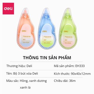 Set 3 Bút xóa băng Deli 36m - Băng xoá kéo Macaron 12mx5mm màu Pastel - EH333