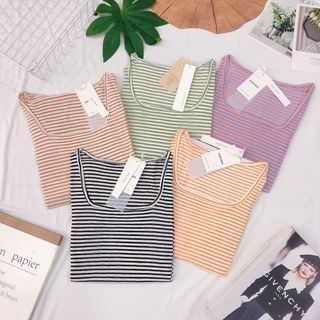 Áo thun giấy sọc kẻ cổ vuông hàng Trung
