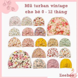 ￼Mũ turban cho bé gái từ sơ sinh - 18 tháng, nón turban vintage hoạ tiết hoa nhí dễ thương, mũ che thóp kín gió giá sỉ
