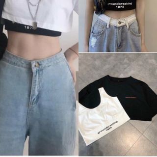 Bộ Áo Croptop Nữ 1974 Áo Ngắn Tay Lỡ Kèm Bra 2 Màu