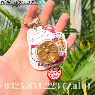 Móc Khóa Mèo Thần Tài Có Con Quay, Mạ Vàng 24K , Chất Liệu Da Lộn Cao Cấp giá sỉ