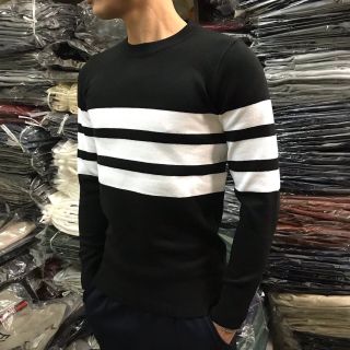 Áo len nam cổ tròn Hàn Quốc, họa tiết kẻ, len dệt kim, dày dặn tronke3v-m9