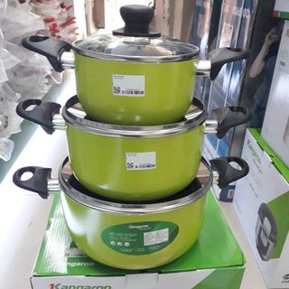 Bộ 3 chiếc nồi nhôm chống dính nắp kính Kangaroo KG993MX hàng chính hãng