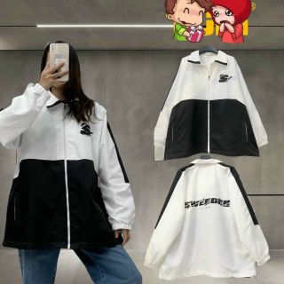 Áo khoác dù kiểu cổ bẻ in chữ phối màu
