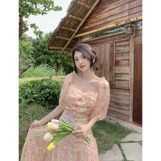 Đầm maxi dài vai bèo cổ trễ váy nữ vải tơ hoạ tiết hoa in thiết kế mặc đi chơi du lịch biển nghỉ mát resort dự tiệc