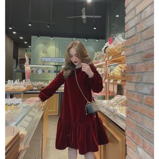 Váy bầu bigsize chất dạ nhung siêu cấp Đầm nữ tiểu thư dáng suông rộng che khuyết điểm mặc đi chơi dạo phố du lịch