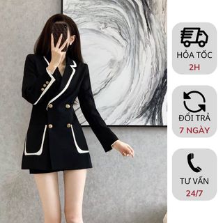 Áo khoác vest blazer nữ dài tay phong cách Hàn Quốc cổ 2 ve có đệm vai dáng eo thiết kế đính khuy phù hợp đi chơi đi làm