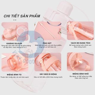SP005-Bình đựng nước thể thao tập gym đi học từ 0,6 - 2 lít chai nhựa 1l 2l chia vạch tặng dây đeo vòi ống hút cute