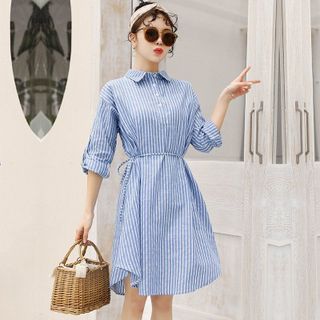 ĐẦM SUÔNG SỌC CỔ SƠ MI THẮT EO - DT1700