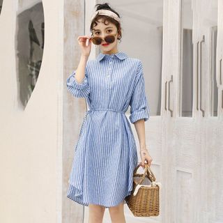 ĐẦM SUÔNG SỌC CỔ SƠ MI THẮT EO - DT1700