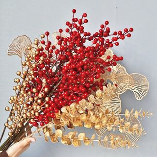 Cành lá rẻ quạt 8 nhánh, tai chuột phủ vàng mix đào đông | trang trí oán, giỏ hoa quà Tết giá sỉ
