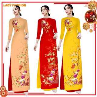 Áo dài lụa in 3D họa tiết hoa lan kết hợp mai vàng AD013 - Lady Fashion giá sỉ