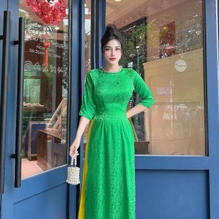 Áo dài gấm lụa xước hoa mẫu đơn đính ngọc trai cổ AD017 - Lady Fashion