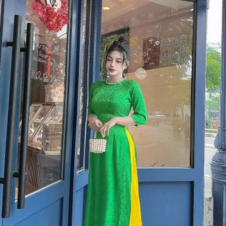 Áo dài gấm lụa xước hoa mẫu đơn đính ngọc trai cổ AD017 - Lady Fashion
