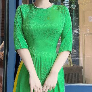 Áo dài gấm lụa xước hoa mẫu đơn đính ngọc trai cổ AD017 - Lady Fashion
