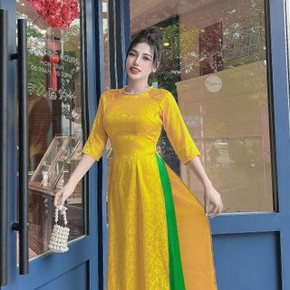 Áo dài gấm lụa xước hoa mẫu đơn đính ngọc trai cổ AD017 - Lady Fashion