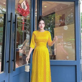 Áo dài gấm lụa xước hoa mẫu đơn đính ngọc trai cổ AD017 - Lady Fashion