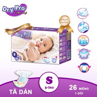 Tã/bỉm dán Dry-Pro siêu mềm nhập khẩu Malaysia size S (3kg - 7kg) - Gói 26 miếng - Trắng (Bịch)