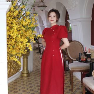 ĐẦM THIẾT KẾ SET ÁO DÀI ĐỎ NÚT NGỌC TAY NGẮN BỒNG