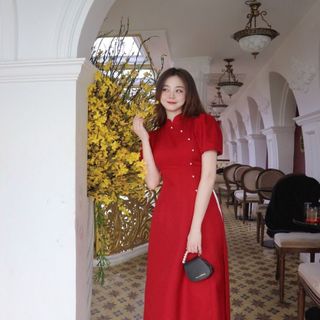 ĐẦM THIẾT KẾ SET ÁO DÀI ĐỎ NÚT NGỌC TAY NGẮN BỒNG