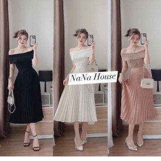 Set Áo Bẹt Vai Mĩ Chân Váy Dập Ly Xòe