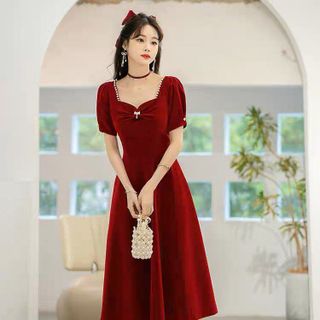 ĐẦM XÒE ĐỎ NƠ PHỤ KIỆN HẠT TRAI - DT1711