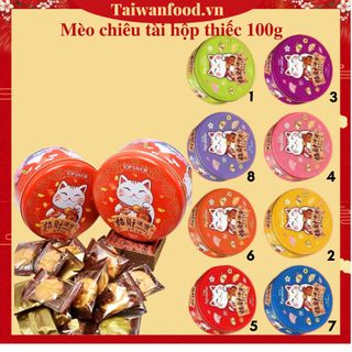 Bánh quy mèo thần tài hộp thiếc 100g - Bánh quy Mèo Thần Tài Top Savor hộp thiếc đỏ quà tặng Tết rất lịch sự, sang trọng giá sỉ