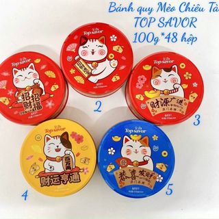 Bánh quy mèo thần tài hộp thiếc 100g - Bánh quy Mèo Thần Tài Top Savor hộp thiếc đỏ quà tặng Tết rất lịch sự, sang trọng
