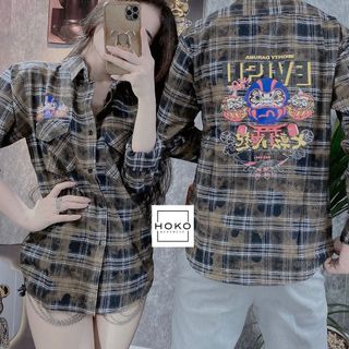 Áo sơ mi nam, áo sơ mi tay dài caro loang in evisu trước sau, caro cotton xịn