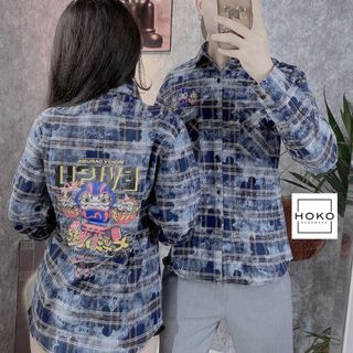 Áo sơ mi nam, áo sơ mi tay dài caro loang in evisu trước sau, caro cotton xịn
