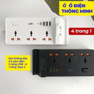 Ổ Cắm Điện Đa Năng 4 trong 1 Sạc Không Dây 1 Cổng TYPE-C 3 USB Sạc Nhanh,Ổ Chịu Tải 2500W, Tiết Kiệm Điện, Chống Cháy Nổ