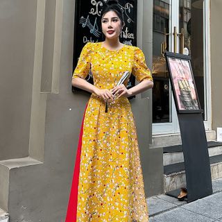 Áo dài hoa nhí tay phồng điệu đà AD026 - Lady Fashion giá sỉ
