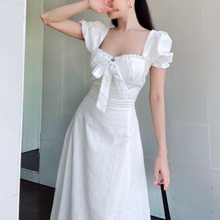 Đầm trắng dáng dài thắt nơ xinh, váy cưới cô dâu lễ ăn hỏi có size XS Bigsize D06 - Calyn giá sỉ