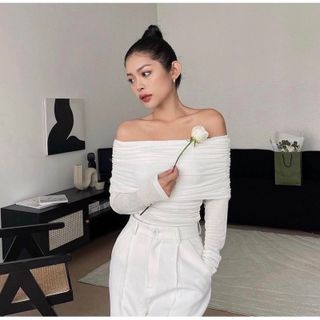 Áo trễ vai nhún dài tay