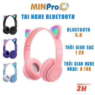 Tai nghe chụp tai mèo bluetooth 5.0 cute, Headphone tai mèo 7 màu led phát sáng không dây có mic chính hãng - MINPRO
