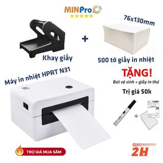 Máy in nhiệt mini HPRT N31 in đơn hàng TMĐT kèm khay và 500 tờ giấy in nhiệt 76x130mm bảo hành 12 tháng